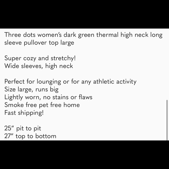 Three dots women’s dark green thermal high neck long sleeve pullover top large - Picture 6 of 6